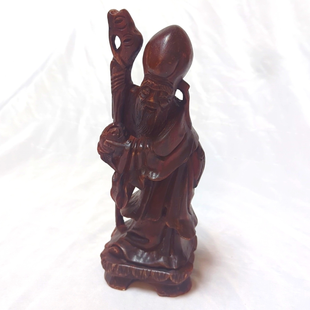 Vintage Hand Carved Wood Shou Xing Chinese God Of Longevity 9" Tall Sculpture